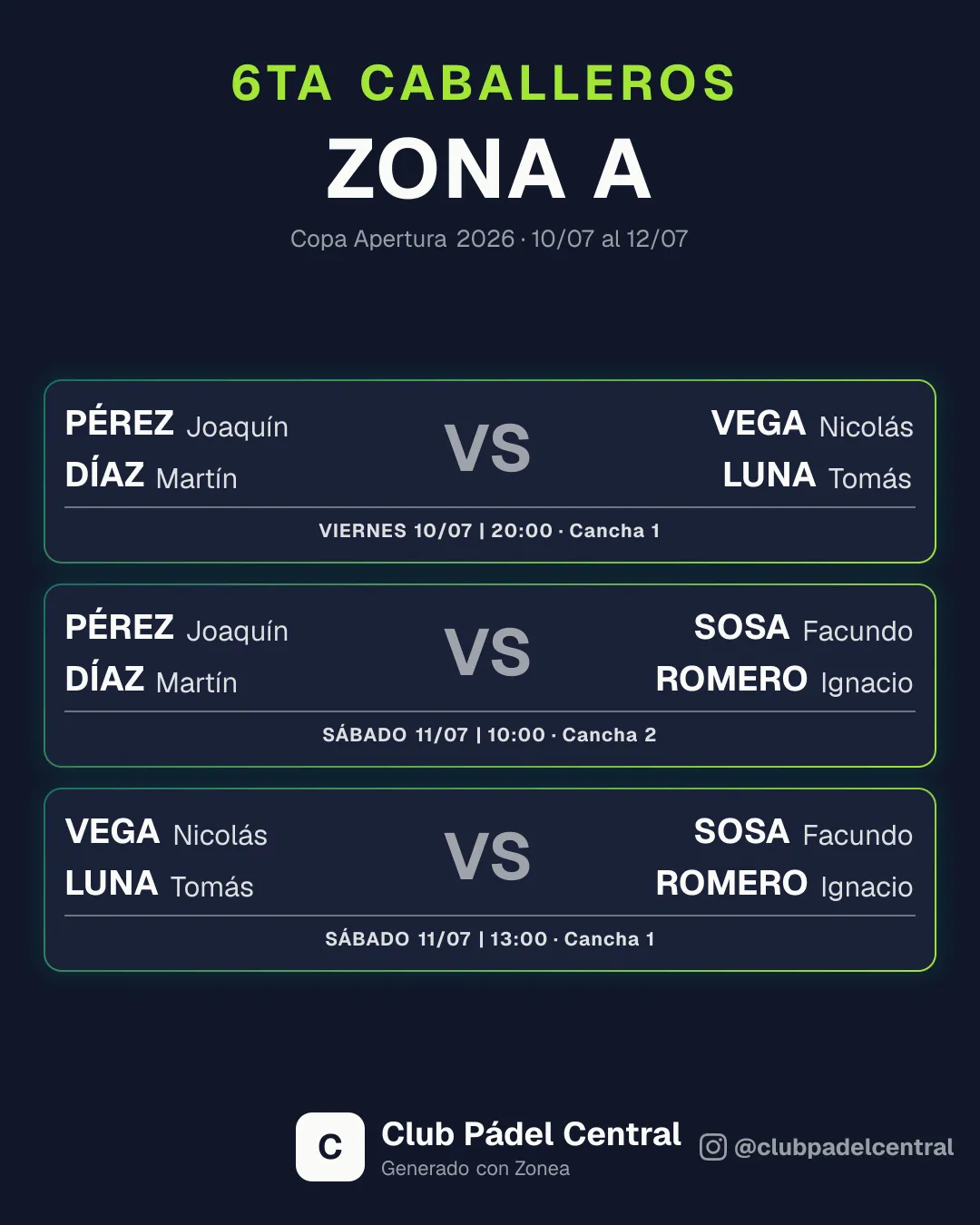 Zona de un torneo con la paleta del club