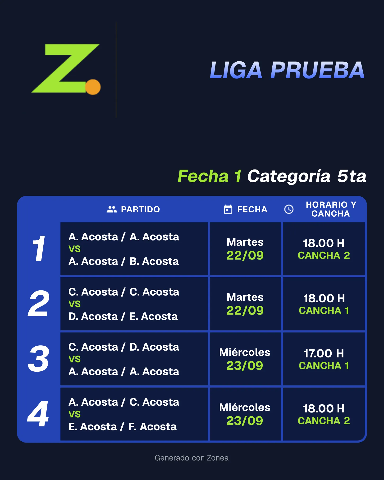 Fixture de una fecha de liga exportado por Zonea