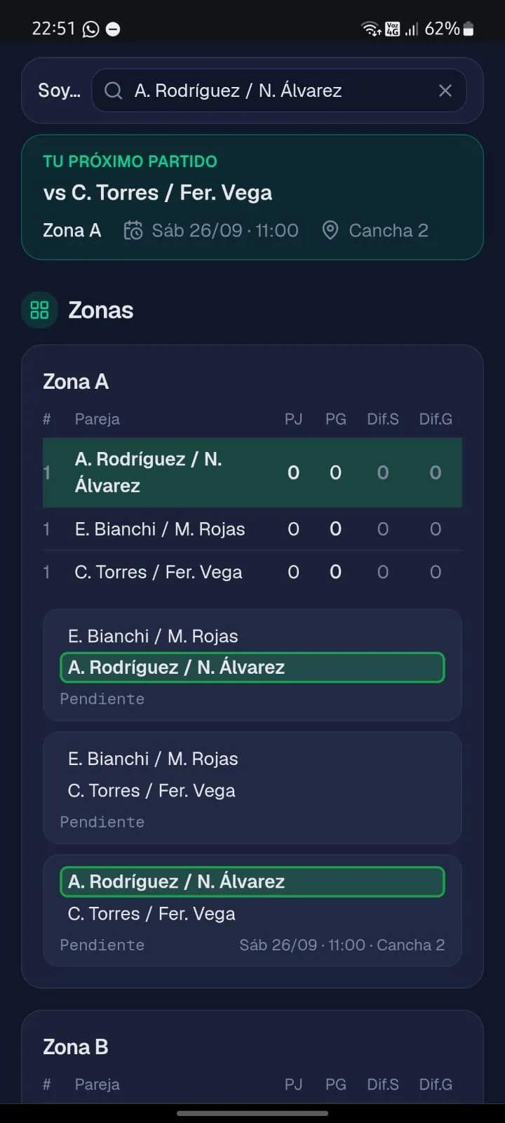 El torneo visto desde el link público: buscador “Soy…”, el próximo partido resaltado y la zona con su tabla de posiciones